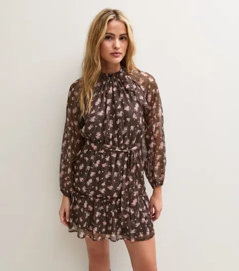 New Look Women's Brown Floral Chiffon High Neck Long Sleeve Mini Dress