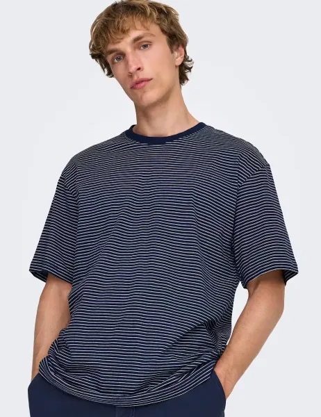 Only & Sons Pure Cotton Striped T-Shirt Navy Mix