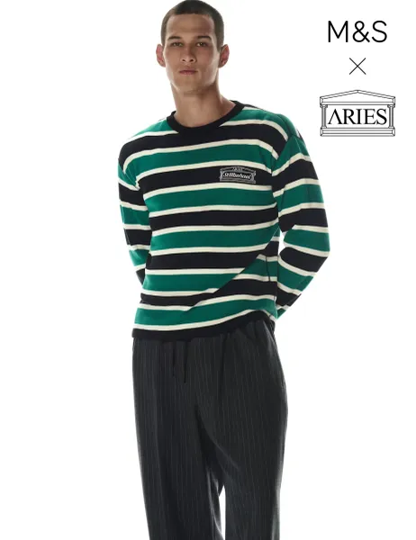 M&S x Aries Pure Cotton Waffle Stripe Long Sleeve T-Shirt