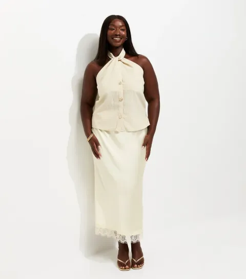 Women's Plus Size Cream Satin Lace Trim Midi Skirt Curves