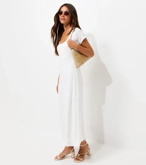 Women's Petite White Broderie Jersey Milkmaid Midi