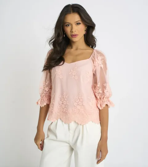 Women's Light Pink Embroidered Scallop Blouse