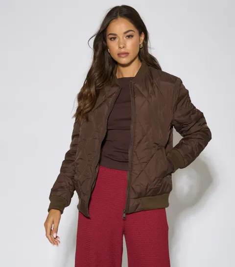 Gini London Women's Dark Brown Diamond Quilted Puffer Bomber Jacket