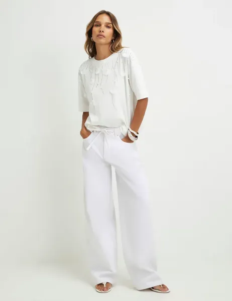 River Island Petal Embellished T-Shirt Cream