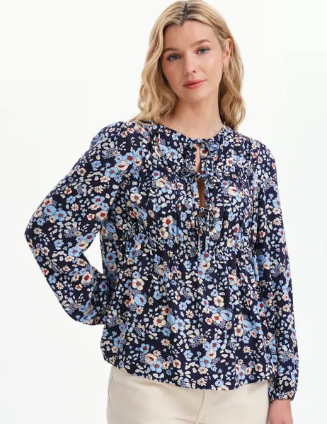 Finery London Floral Tie Neck Top Blue Mix