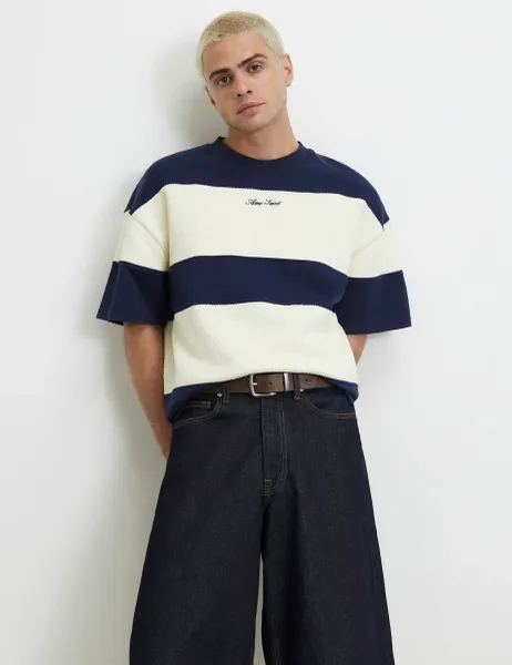 River Island Oversized Pure Cotton Striped T-Shirt Navy Mix