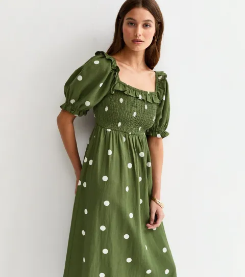 Women's Green Polka Dot Puff Sleeve Shirred Midi Dress