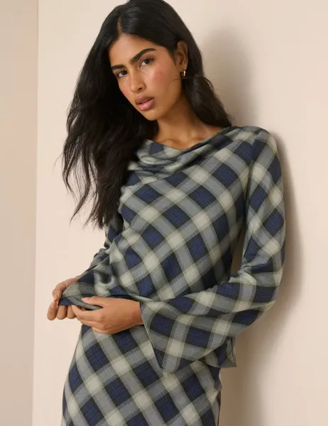 Nobody's Child Checked Cowl Neck Blouse Blue