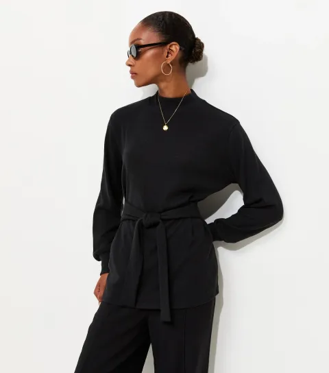New Look Women's Black Soft Touch Belted High Neck Long Sleeve Knit Top