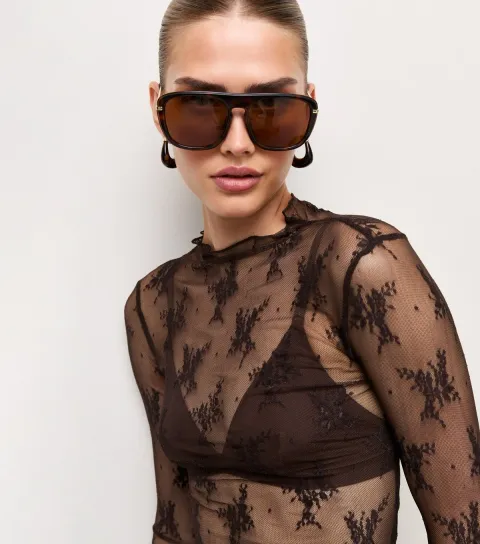 Women's Dark Brown Sheer Floral Lace Long Sleeve Top