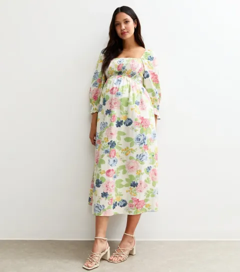 Women's Maternity Cream Floral Print Midi Dress