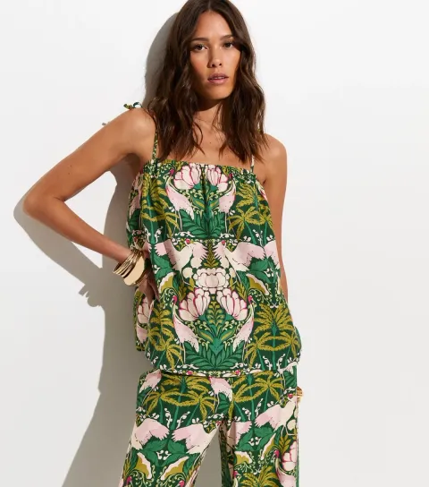 Women's White Tropical Lotus Print Longline Bandeau Beach Cami Top