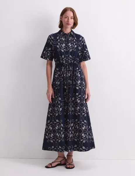 Sportscraft Linen Rich Printed Midaxi Shirt Dress Navy