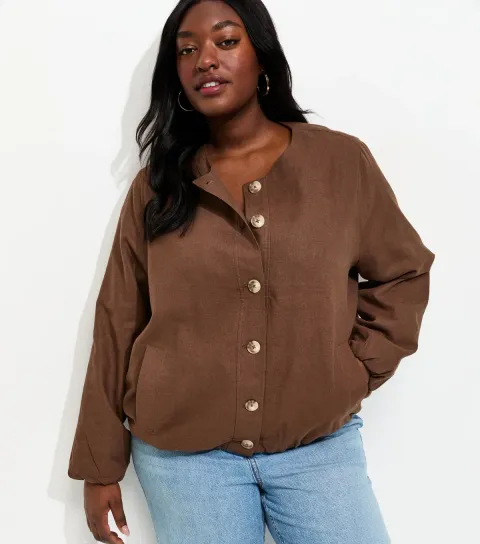 Women's Plus Size Dark Brown Linen Button Through Bomber Jacket Curves