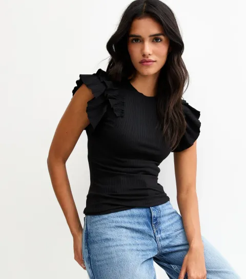 New Look Women's Black Ribbed Flutter Sleeve T-Shirt
