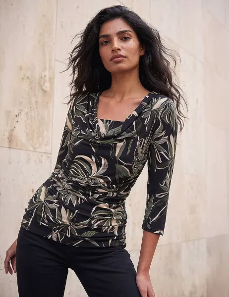 Roman Leaf Print Gathered Cowl Neck Top Khaki
