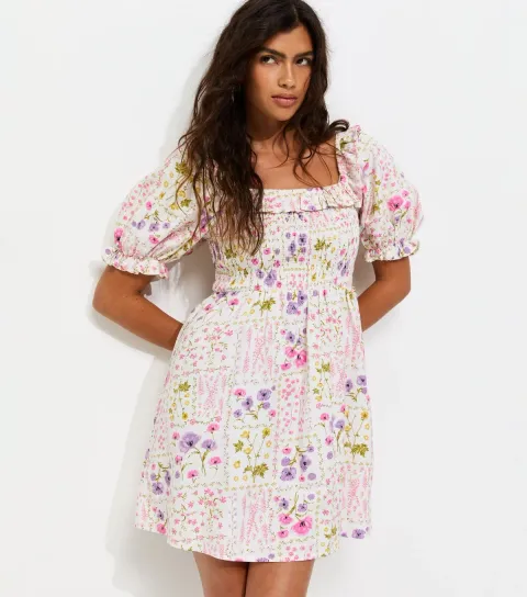Women's Cream Cotton Rich Floral Print Short Sleeve Shirred Frill Mini Dress