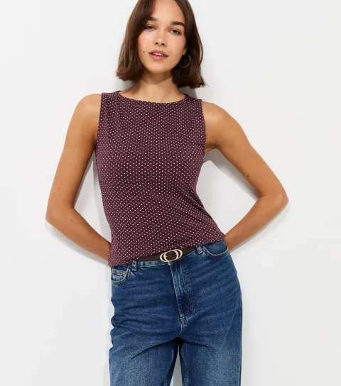 Women's Red Cotton Rich Spot Print Slash Neck Vest Top