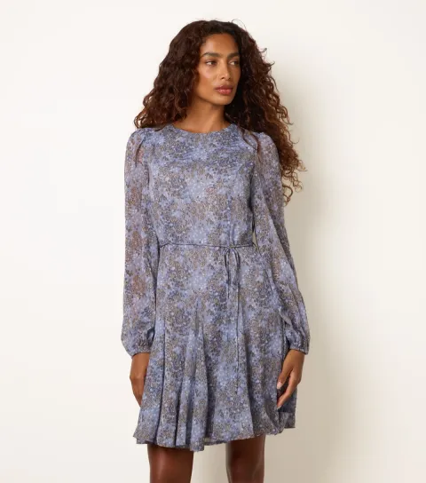 Women's Blue Patterned Tie Waist Godet Midi Dress