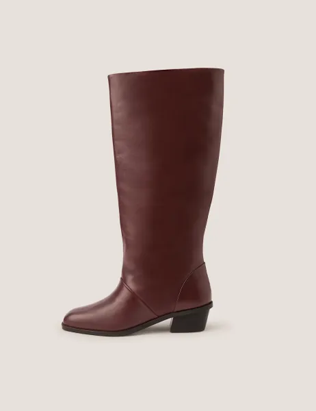 Monsoon Leather Block Heel Knee High Boots Burgundy