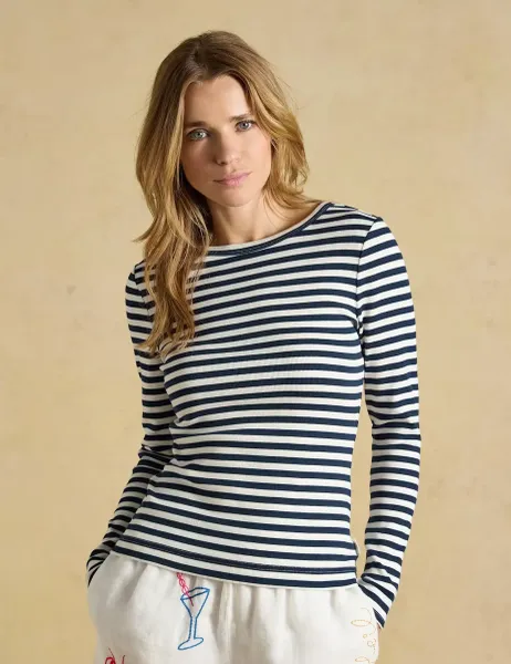 Joules Cotton Rich Striped Ribbed Top Dark Navy Mix