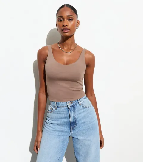 New Look Women's Brown Scoop-Neck Crop Vest Top