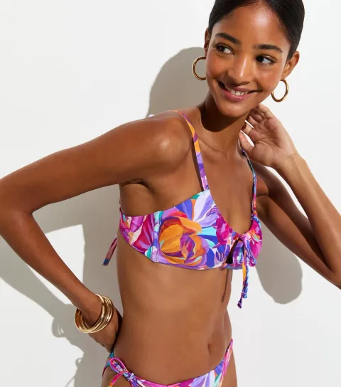 Women's Purple Tropical Leaf Print Tie Crop Bikini Top