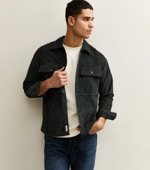 Men's Black Regular Cotton Cord Overshirt