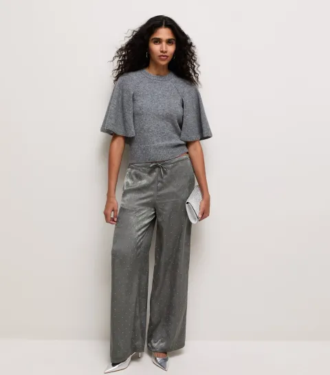 New Look Women's Dark Grey Diamanté Shimmery Wide Leg Trousers