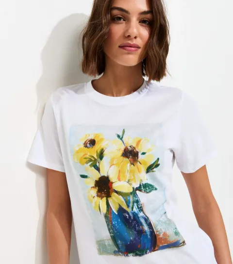 Women's White Sunflower Print T-Shirt