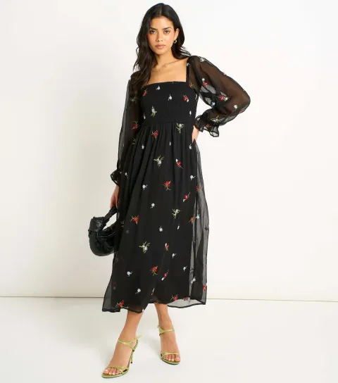 Women's Black Chiffon Floral Embroidered Midi Dress