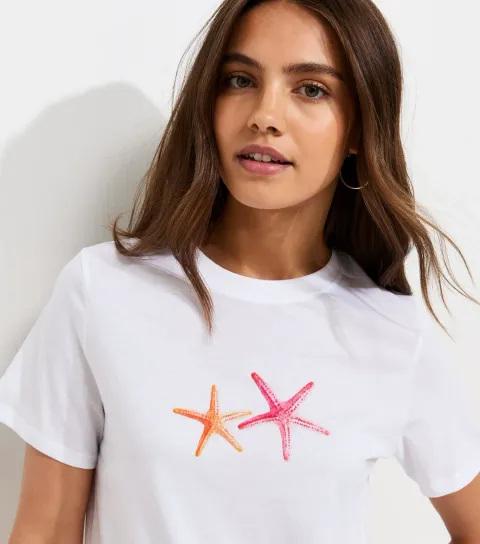 Women's White Cotton Starfish Print Relaxed T-Shirt