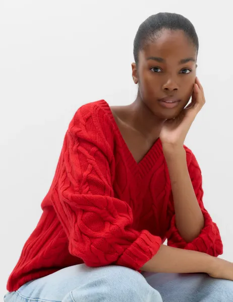 Marks & Spencer V Neck Cable Knit Relaxed Jumper Bright Red