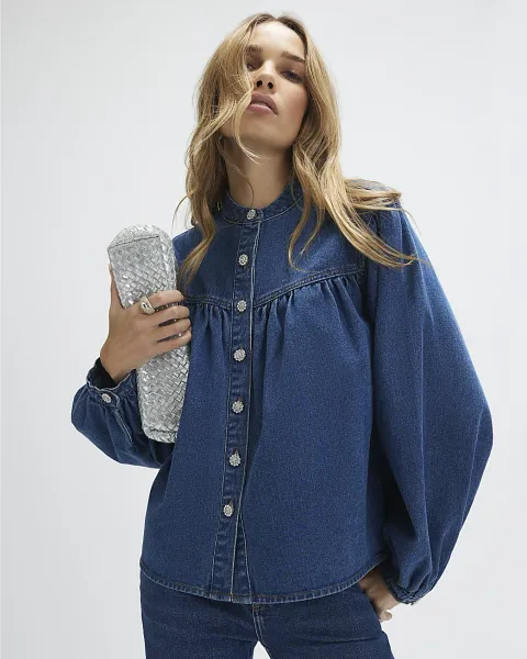 River Island Denim Diamante Button Long Sleeve Shirt