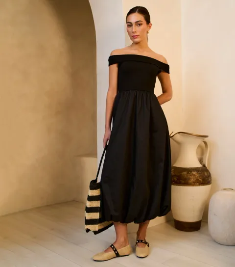 Women's Black Bardot Midi Dress