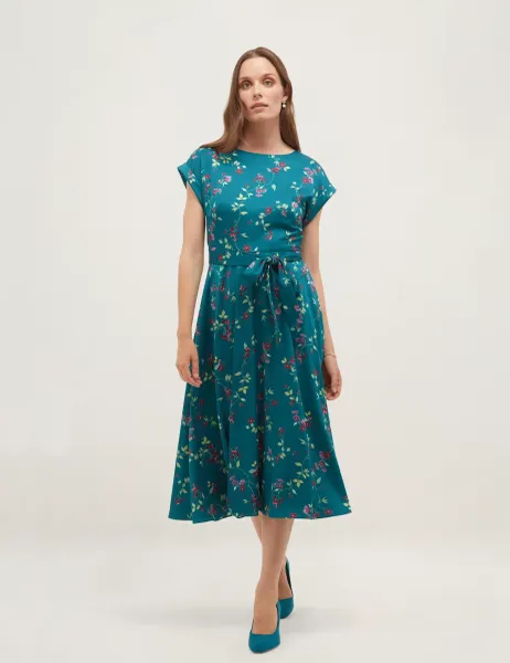 Hobbs Satin Floral Knee Length Skater Dress Blue Mix