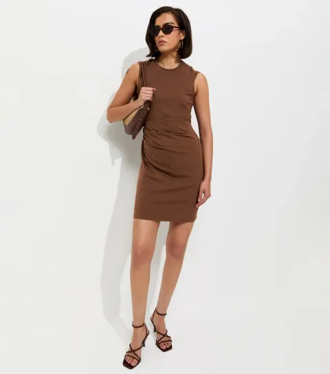 Women's Dark Brown Ruched Waist Sleeveless Mini Dress