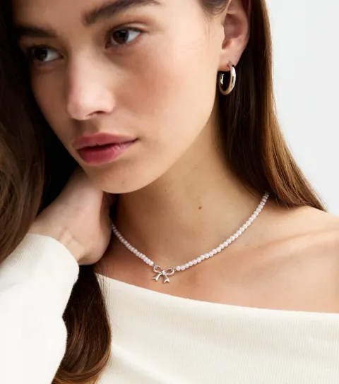 New Look Silver Tone Faux Pearl Bow Necklace