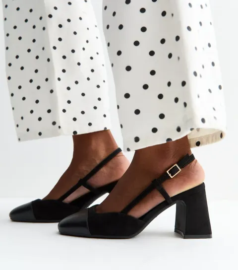 Women's Black Faux Suede and Leather Toe Cap Slingback Pumps Vegan