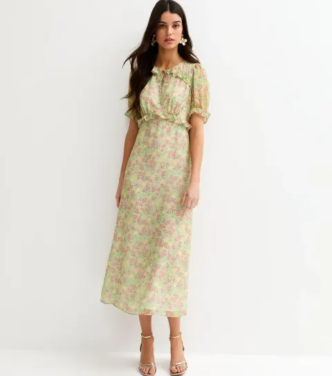 Women's Green Daisy Print Ruffled Chiffon Midi Dress