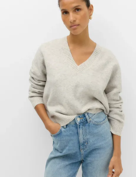 Marks & Spencer V-Neck Relaxed Jumper With Wool Grey Marl