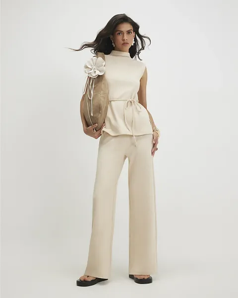 River Island Cotton Blend Textured Wide Leg Trousers