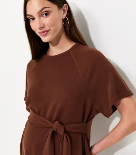 Women's Maternity Brown Soft Touch Short Sleeve Tie Waist Top