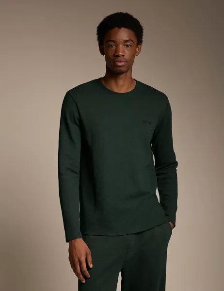 Boss Cotton Rich Waffle Long Sleeve T-Shirt Dark Green