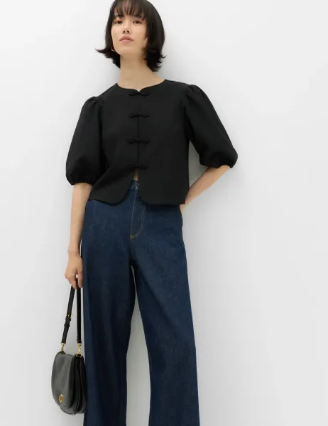 Marks & Spencer Knot Button Detail Puff Sleeve Top Black