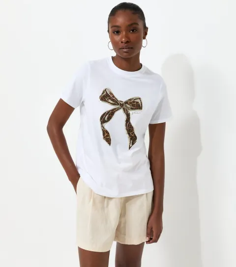 Women's White Cotton Leopard Print Bow Relaxed T-Shirt