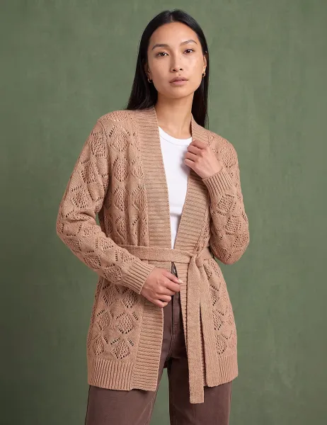 Roman Pointelle Belted Cardigan Camel Mix
