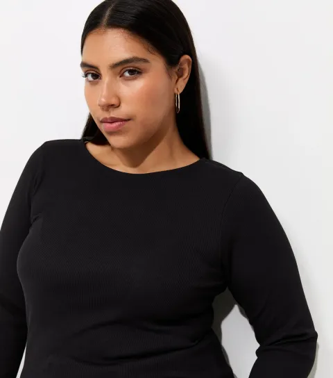 Women's Plus Size Black Cotton Rich Long Sleeve Babylock Top Curves