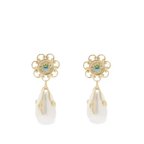Enamel Floral Motif Pearl Earring