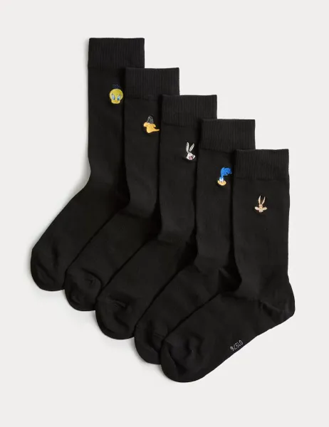 Marks & Spencer 5 Pack Cotton Rich Looney Tunes Socks Black Mix